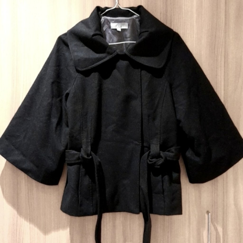 Flower Wool Black Kimono Sleeve Collared Cropped Winter Jacket